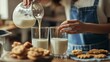 © DasAI illustrations - Person Pouring Milk into Glasses with Freshly Baked Cookies, Homemade Snack, Comfort Food, Generated AI