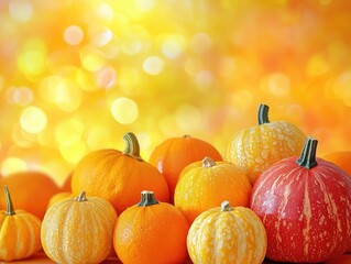 Wall Mural - Colorful Pumpkins and Oranges with Bright Background and Copy Space