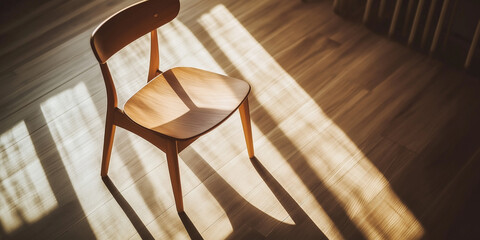 Aufkleber - Modern wooden chair casting long shadows on hardwood floor in sunlit room
