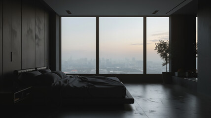 Minimalist dark bedroom design with city landscape in a residential building