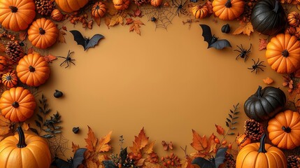 Wall Mural - This Halloween decoration has pumpkins, leaves, and spider webs on cream background. This is the concept composition and mockup for autumn holiday season.