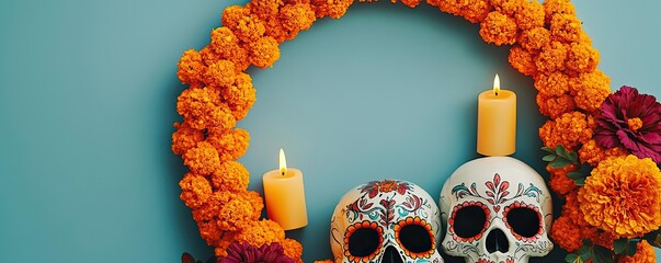 Wall Mural - Vibrant decorations featuring colorful skulls, marigolds, and candles, celebrating the Day of the Dead with festive spirit.