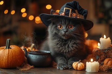 Canvas Print - Cat with witch hat doing some magic, pumpkins and burning candles on Halloween.