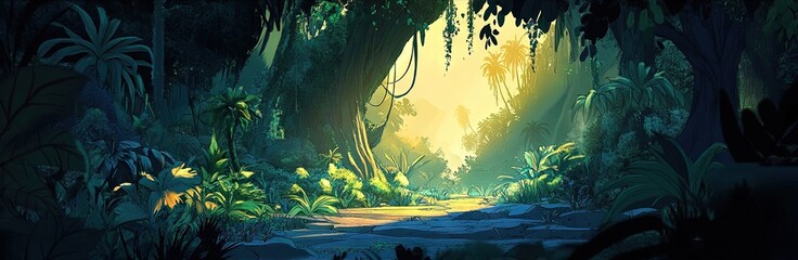 Wall Mural - 2D animated cartoon jungle, sunset 