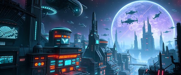 Futuristic Cityscape with Flying Cars and Neon Lights at Twilight