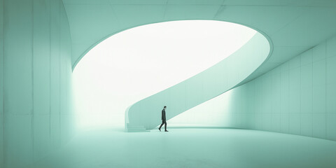 Leinwandbilder - Businessman walking in modern architecture with curved staircase