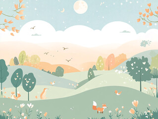 A whimsical cartoon landscape with rolling hills, trees, and animals in pastel colors. 
