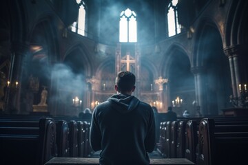 Canvas Print - Man praying in church for God architecture building worship.