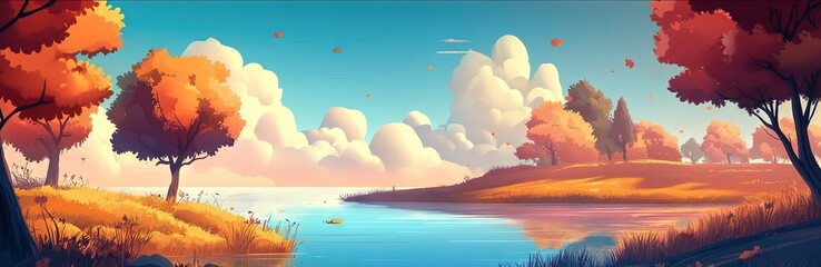 Wall Mural - 2D animated cartoon lake, autumn, sunset