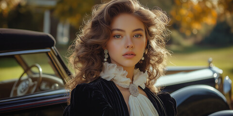 Elegant model posing near retro car outdoors in autumn park