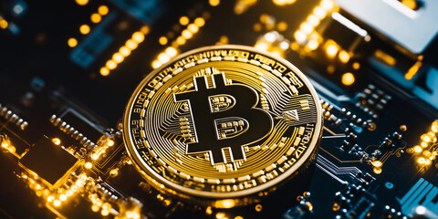 Aufkleber - Golden bitcoin lying on computer motherboard is illuminating