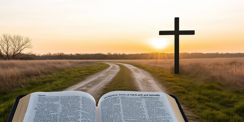 Wall Mural - Open bible showing the way to the cross at sunset