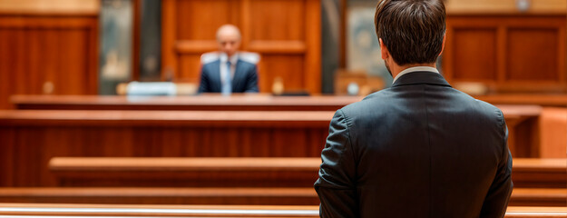 Male defendant in a courtroom in front of a judge concept