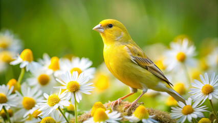  bright yellow canary stands gracefully among field of daisies, showcasing its vibrant feathers against soft white and yellow blooms. scene evokes sense of joy and tranquility