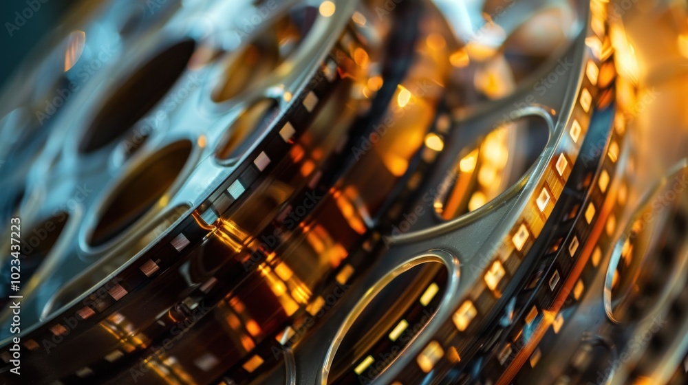 An unspooled film reel rests in a creative workspace, revealing ...