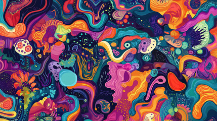 psychedelic retro cool digital artwork. colorful doodle human face eyeball design, 70s vintage style