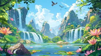 Poster - A lush tropical rainforest with cliffs and bamboo in watercolor. Cartoon or anime illustration style.