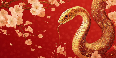 Golden snake posing on red background with cherry blossoms illustration