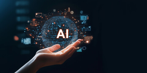 Poster - Businesswoman holding global artificial intelligence sign with data connection