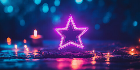 Poster - Neon star is shining on a stage with candles and string lights in the foreground