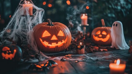 Wall Mural - halloween themed decorations with carved pumpkins spider webs ghosts bats and glowing candles in eve