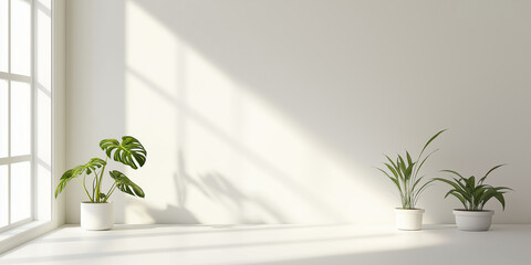 Poster - Sunlight casting shadows from window in minimal white room with plants