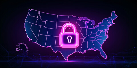 Poster - United states map security concept with glowing padlock icon on digital background