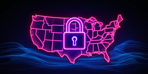 Poster - Neon united states map showing data security with padlock icon