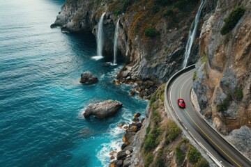 Sticker - Scenic mountain road with car waterfall outdoors vehicle.