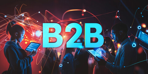 Aufkleber - Business people using digital tablet with b2b symbol connecting them