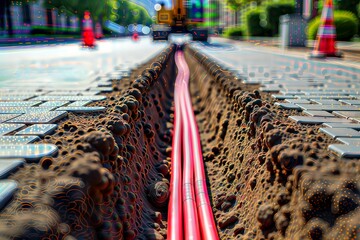 Cable Installation. Red cables are being laid in a trench dug in a paved street, with construction equipment visible in the background.