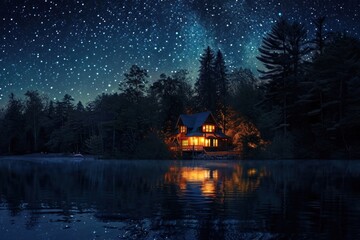 Canvas Print - Lake with illuminated cottage architecture building outdoors.