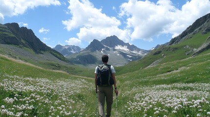 Canvas Print - A hiker explores a lush green valley filled with vibrant wildflowers under a bright blue sky in the mountains during the summer