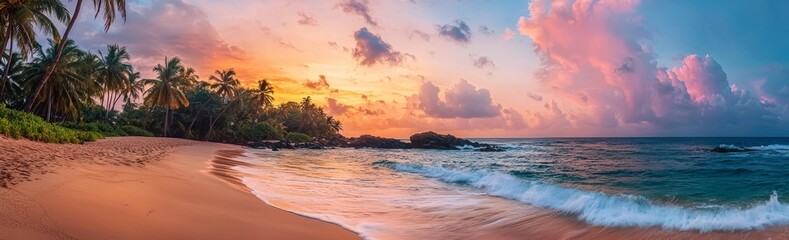 Poster - An idyllic beach with palm trees, calm ocean and a panoramic banner of a peaceful landscape.