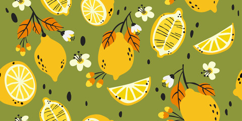 Aufkleber - Background of lemons and branches. Vector seamless pattern for textiles, kitchen print, clothing, canvases.