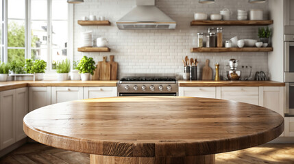 Canvas Print - Empty round wooden tabletop in front of blurred kitchen furniture