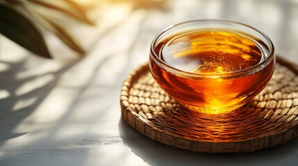 Wall Mural - Golden Honey in a Glass Bowl on a Wicker Coaster