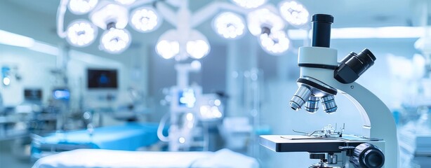Fototapete - A hospital room with a microscope on a table, blue beds and white walls. Professional and calm, as it's a medical setting.