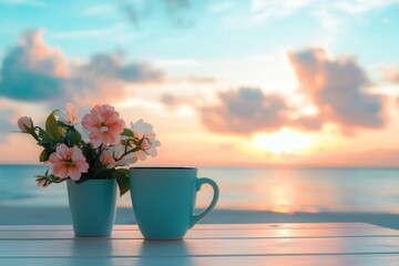 Poster - In front of an azure sea and a tropical sandy beach, a straw bag holds a cup of coffee. Relaxing summer vacation concept.