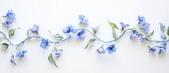 Wall Mural - Flat lay floral corner arrangement with begonia and small blue flowers isolated on a white background.