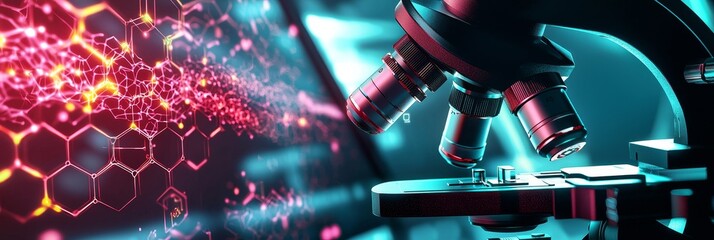 Leinwandbilder - Above an abstract laboratory scene, the photo depicts a digital business background with AI, big data, and biotechnology symbols.