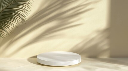 Leinwandbilder - Product presentation with pastel color background and shadow tropical palm leaves Empty square podium mockup: Stock Photo