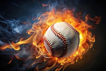 High angle baseball with flames floating on dark background