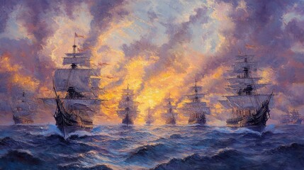 Wall Mural - An armada of warships cruising through the clouds as the setting sun paints the sky in shades of gold and purple