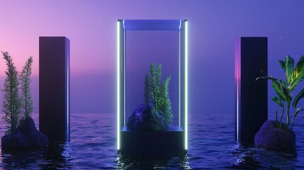 Fototapete - A 3D render of a surreal landscape with a podium on a dune with a glowing neon circle that flies in the air over an aurora sky background.