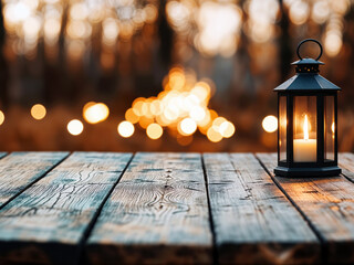 Poster - Burning lantern illuminating empty wooden table in autumn