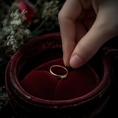 Hand picking elegant gold ring from luxurious velvet box, surrounded by delicate flowers, evoking a sense of romance and elegance.