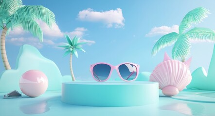 Poster - In this 3D render we have a minimalist podium stand for advertising with white blank circles set against a blue background, themed around summer decorations.