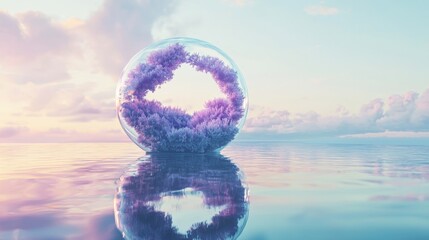 Aufkleber - Surreal landscape with geometric arches, circle, and metallic ball on pastel desert dune, with lake and beautiful sky.