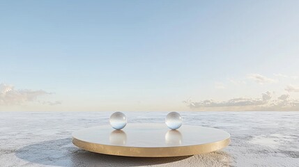 Aufkleber - The scene is rendered in 3D and has an empty podium made from pastel yellow on a dune with reflections of a lake and sky and a glass ball in a glass ball.